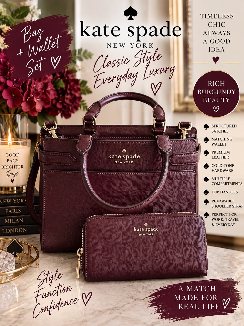 π·β¨ Kate Spade New York Burgundy Satchel + Matching Wallet Set ππ - Picture 11 of 11